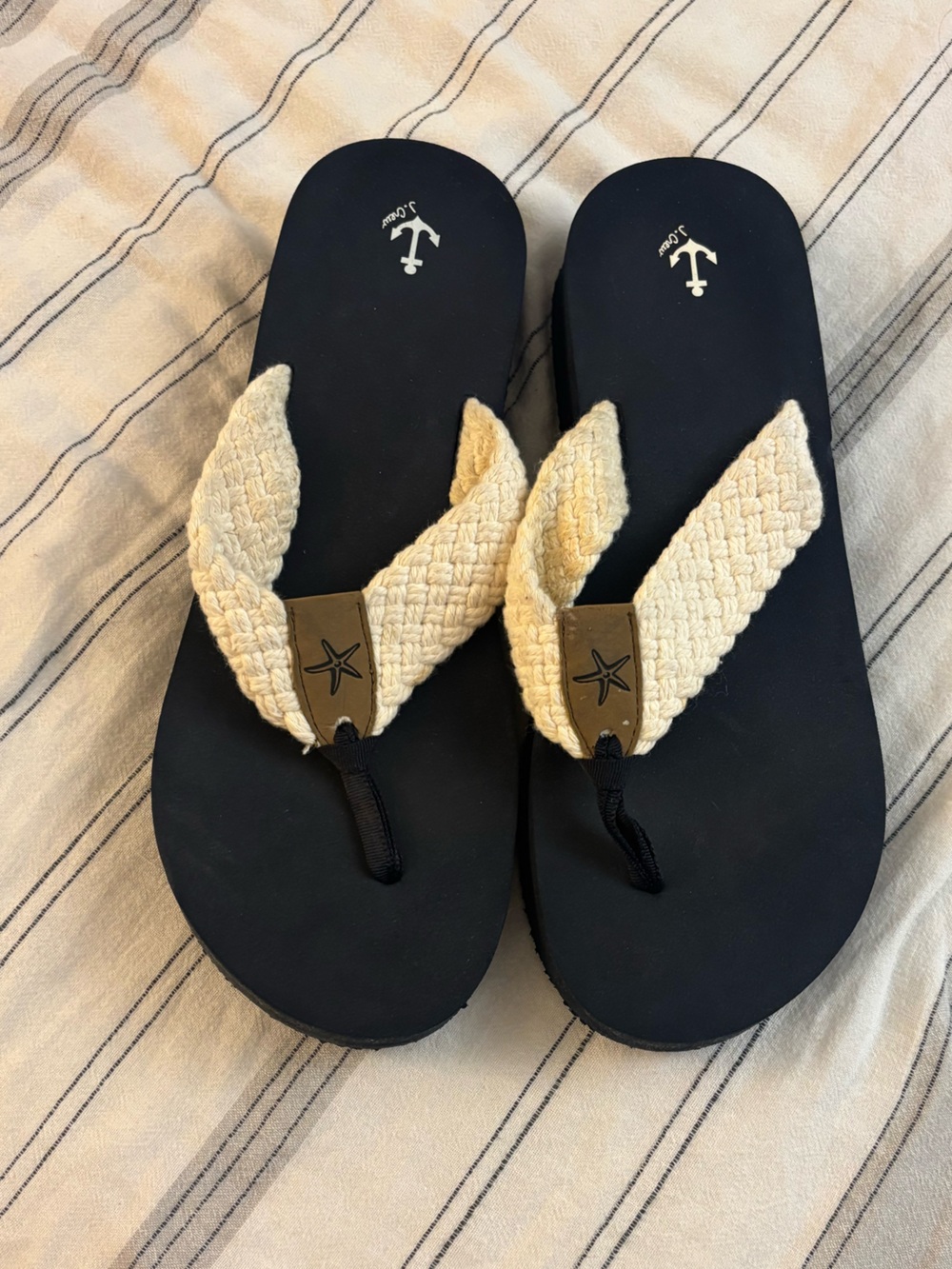 J. Crew Black Flip Flop Sandals with Cream Braided Straps